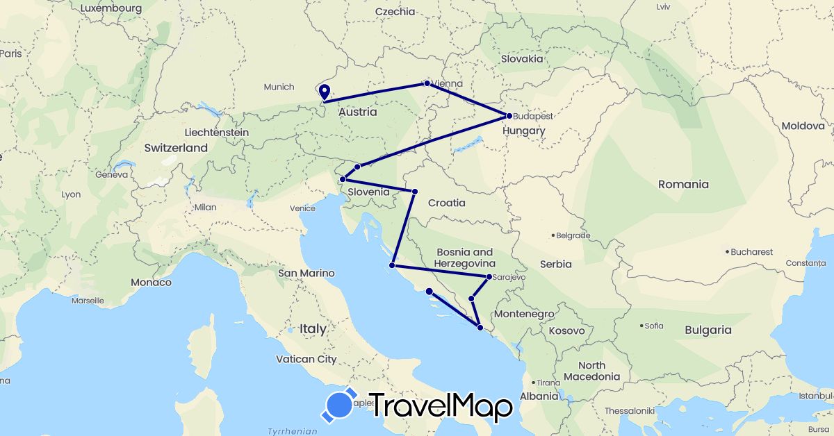TravelMap itinerary: driving in Austria, Bosnia and Herzegovina, Croatia, Hungary, Slovenia (Europe)